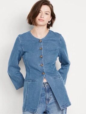 Denim Button-Front Longline Jacket - Light Blue